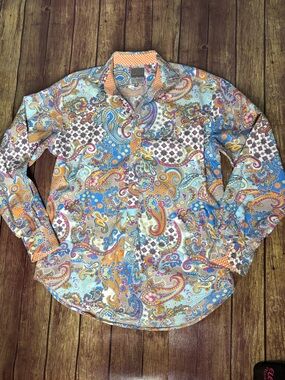 Thomas Dean Paisley Print Button-Up Shirt in Blue, Orange, Pink Size M